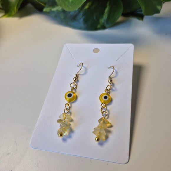 Handmade Protection Earrings with Yellow Evil Eye Charms and Citrine Chip Beads - Picture 5 of 8